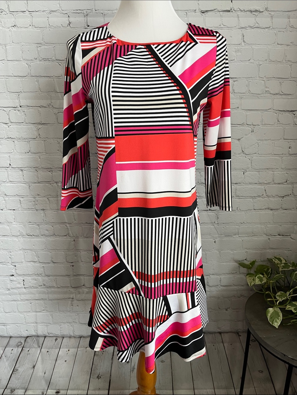 New Directions Geometric Stripe Pink & Black Fit-and-Flare Dress